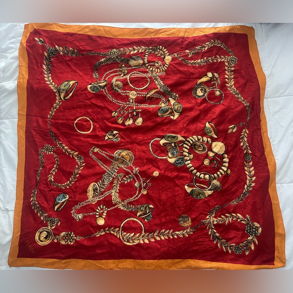 Rare Fendi Vintage Silk Scarf - Red and Gold